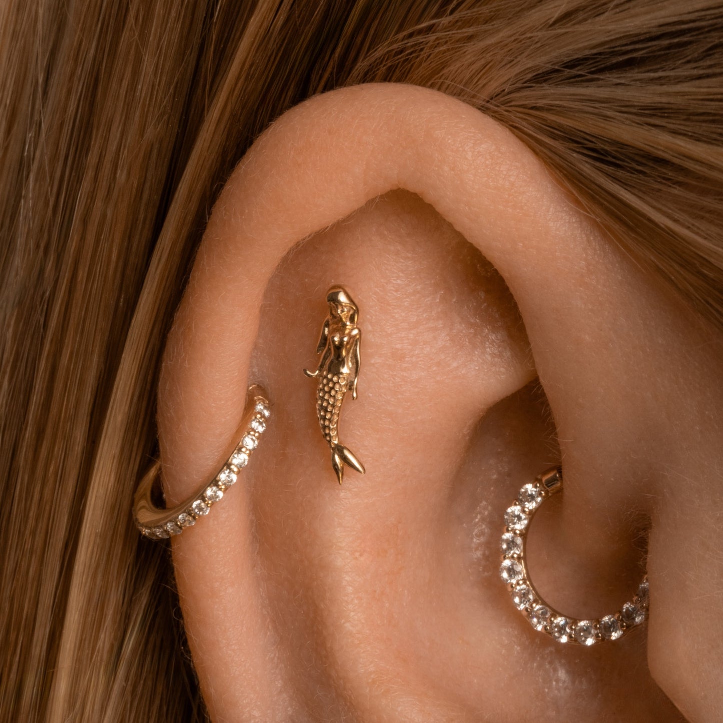 9k solid yellow gold mermaid flat back labret stud earring 6mm (right) Cartilage Studs Laura Bond Jewellery