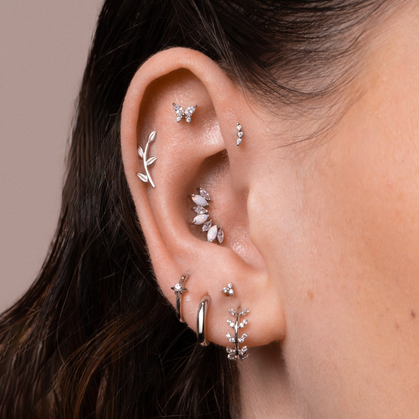 Laura Bond Jewellery Bold and Gold Edinburgh 9k solid white gold tiny trio flat back labret stud earring 6mm Cartilage Studs