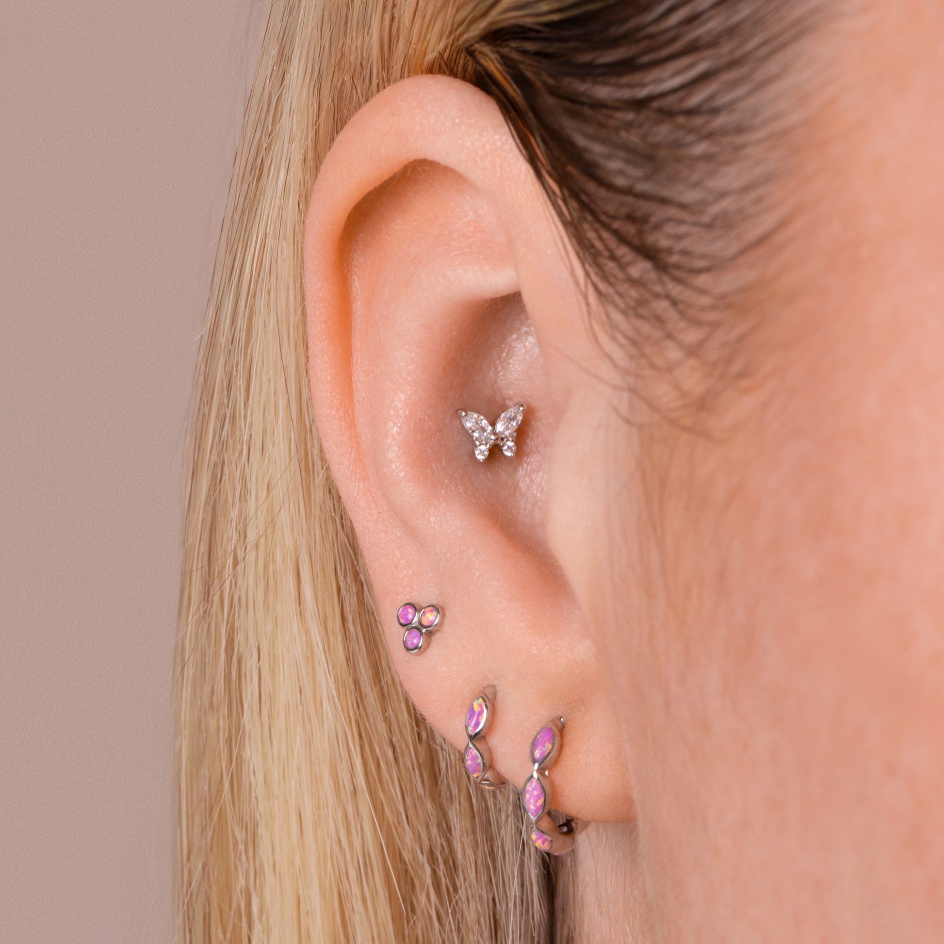 14k solid white gold tiny butterfly flat back labret stud earring 8mm Cartilage Studs Laura Bond Jewellery