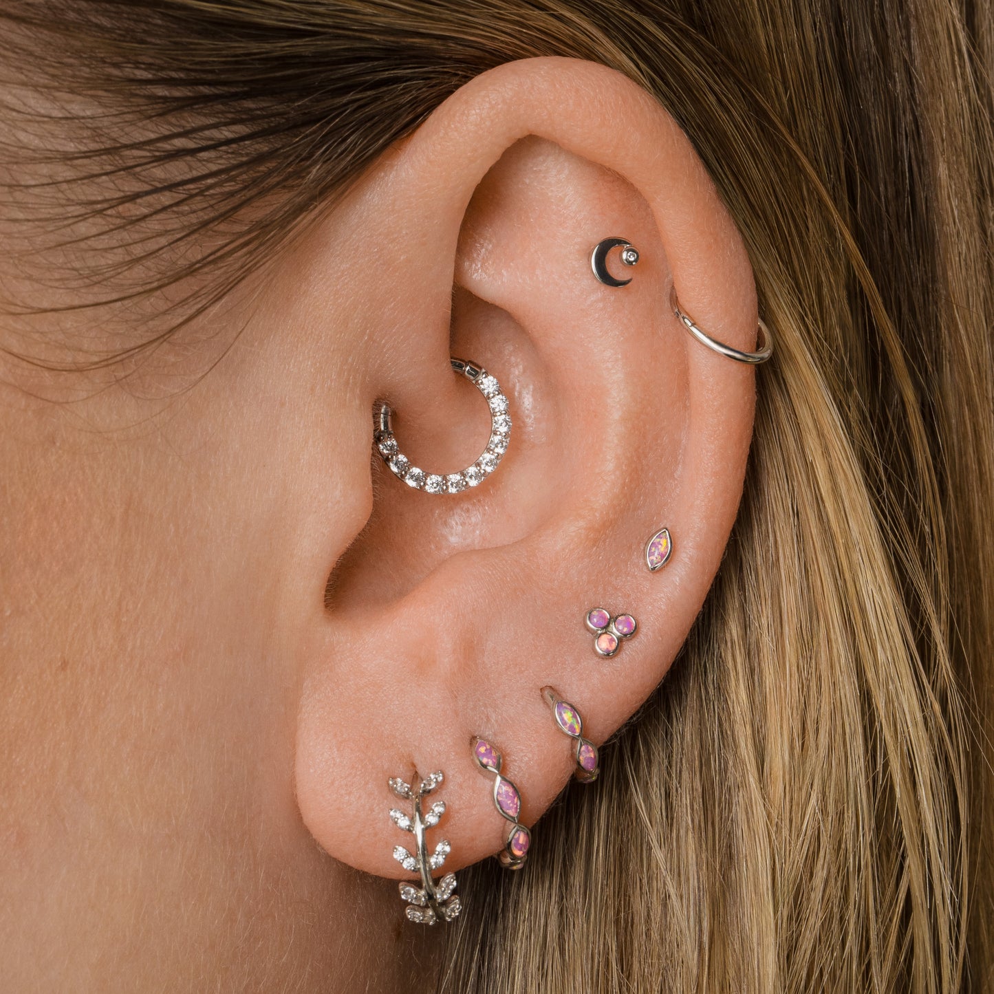 Laura Bond Jewellery 9k solid white gold 8mm 16g simple crystal hoop for daith or septum Huggies and Hoops