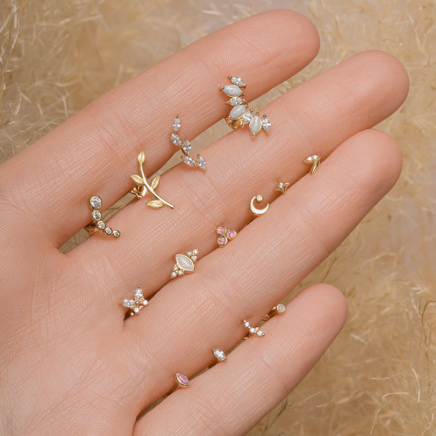 Laura Bond Jewellery Bold and Gold Edinburgh 14k solid yellow gold textured vine garland flat back labret stud earring 8mm Cartilage Studs
