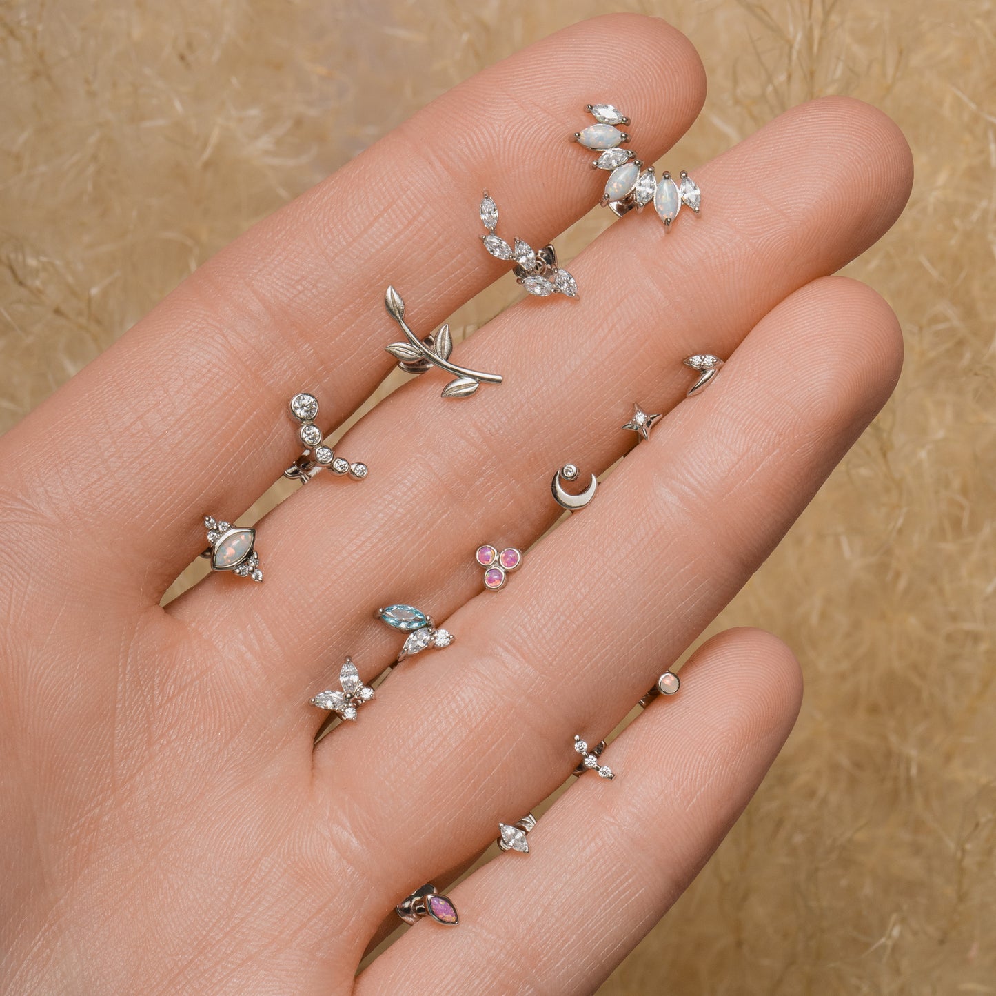 14k solid white gold textured vine garland flat back labret stud earring 8mm Cartilage Studs Laura Bond Jewellery