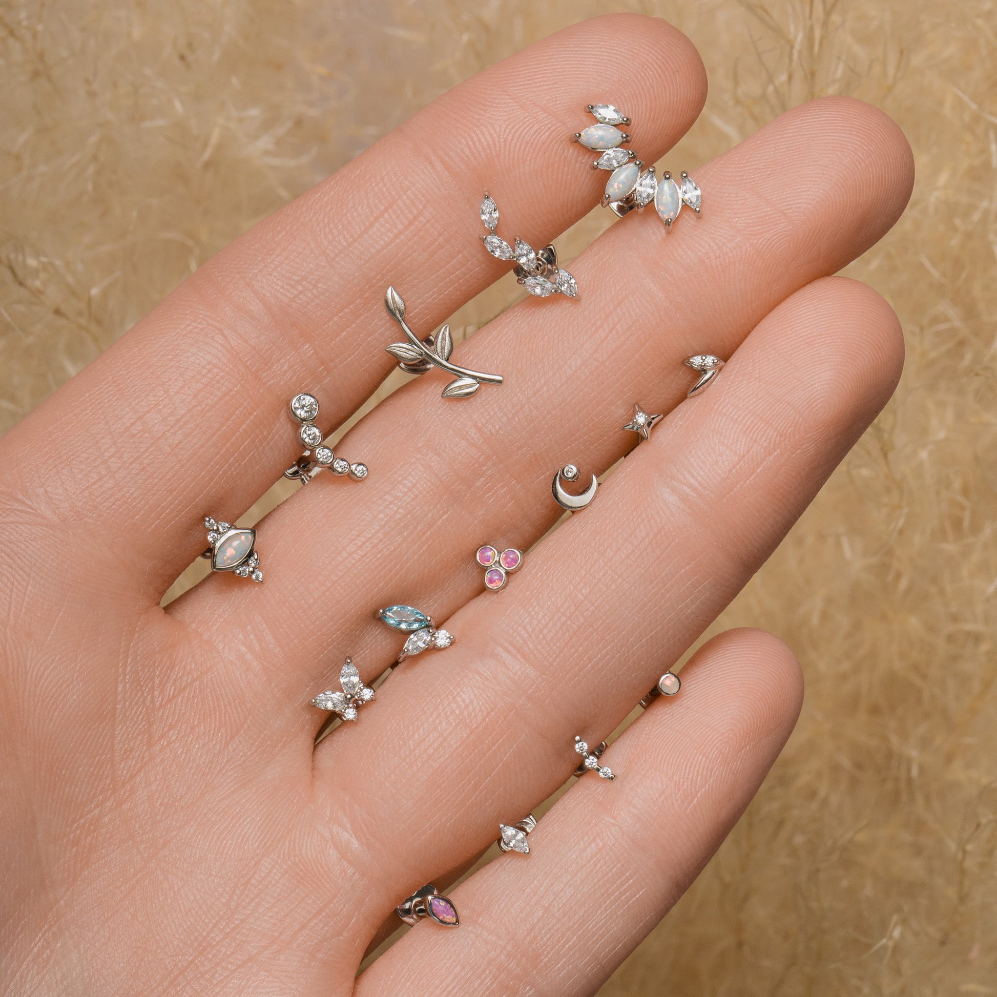 14k solid white gold textured vine garland flat back labret stud earring 8mm Cartilage Studs Laura Bond Jewellery