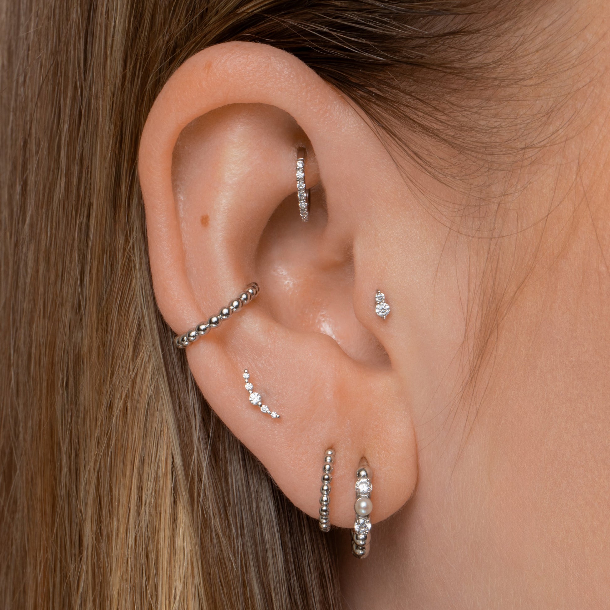 14k solid white gold Solstice flat back labret stud earring 8mm Cartilage Studs Laura Bond Jewellery