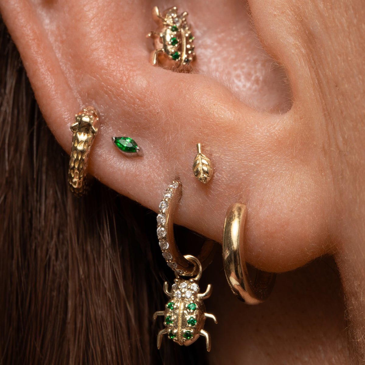 14k solid yellow gold tiny Leaf flat back labret stud earring 8mm Cartilage Studs Laura Bond Jewellery