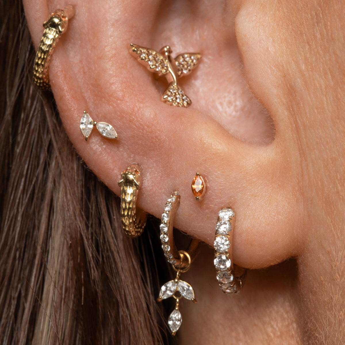 9k solid yellow gold fire orange tiny marquise flat back labret stud earring 6mm Cartilage Studs Laura Bond Jewellery