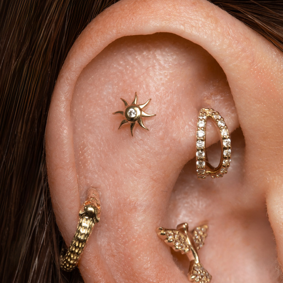 14k solid yellow gold Wavy Sun flat back labret stud earring 8mm Cartilage Studs Laura Bond Jewellery