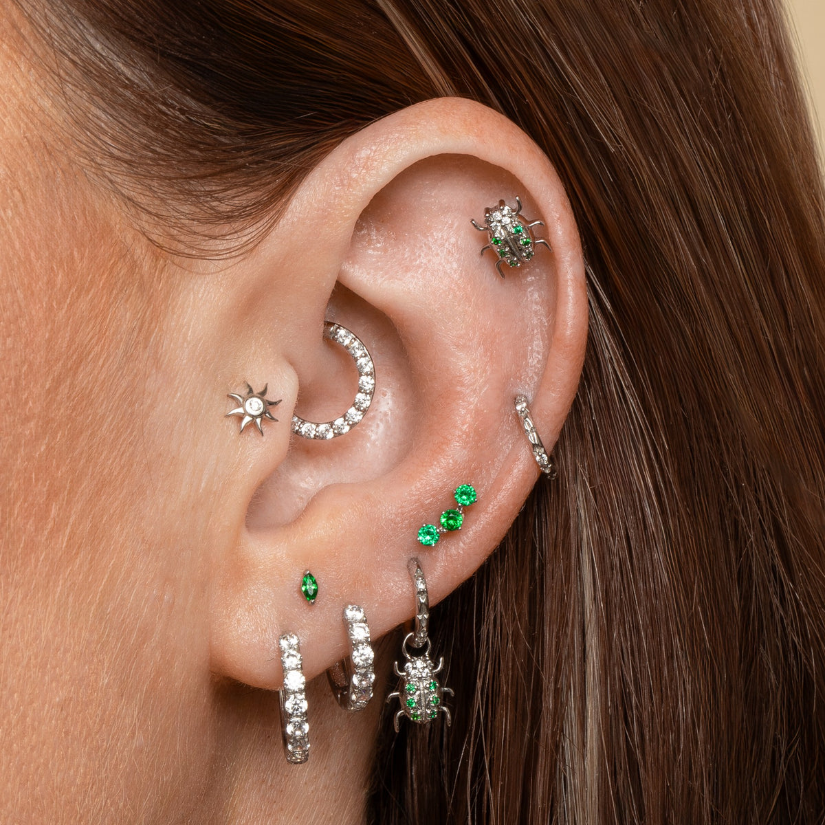 9k solid white gold Jewelled Beetle flat back labret stud earring 6mm Cartilage Studs Laura Bond Jewellery