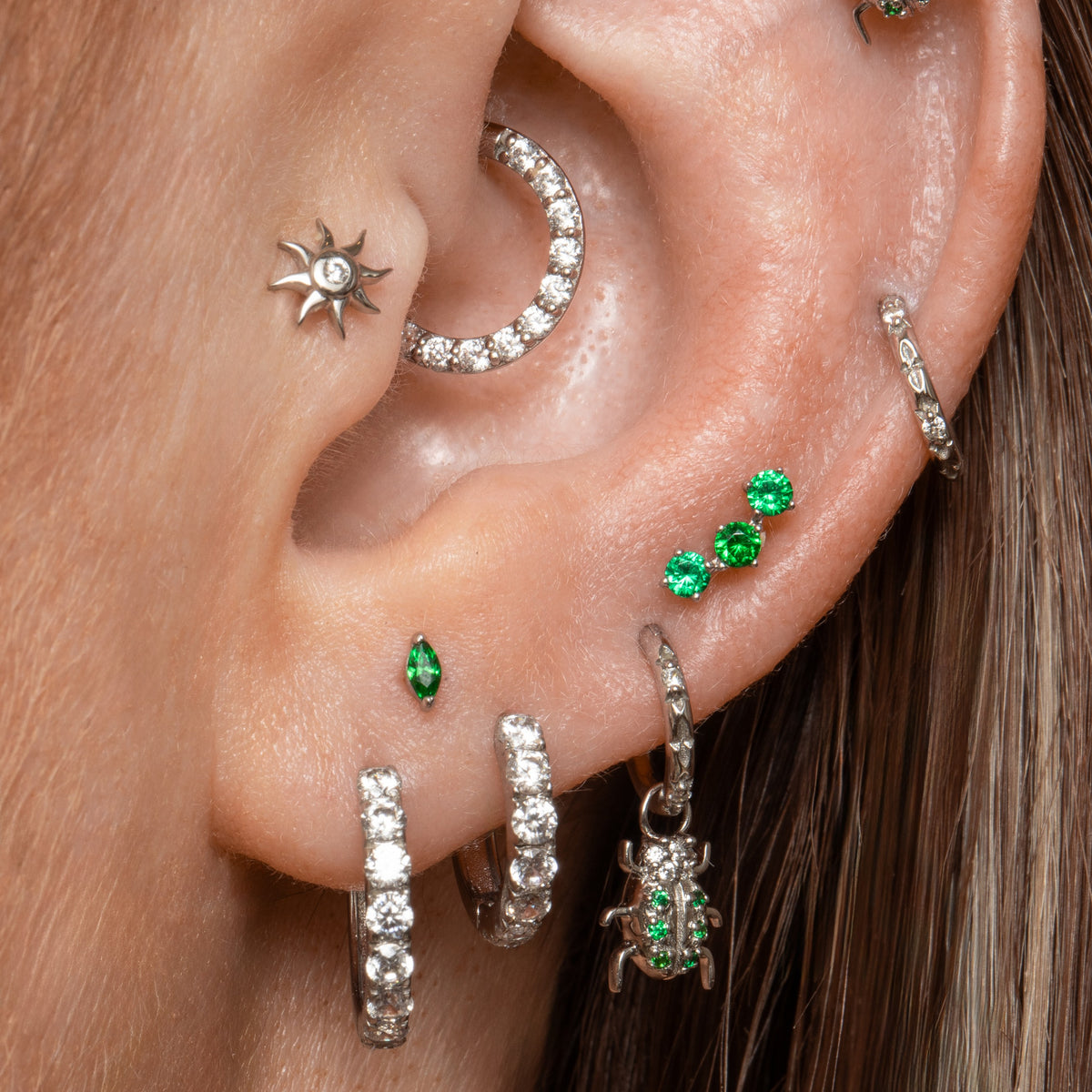 14k solid white gold green trinity flat back labret stud earring 8mm Cartilage Studs Laura Bond Jewellery