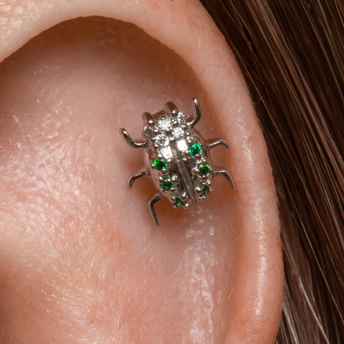9k solid white gold Jewelled Beetle flat back labret stud earring 6mm Cartilage Studs Laura Bond Jewellery