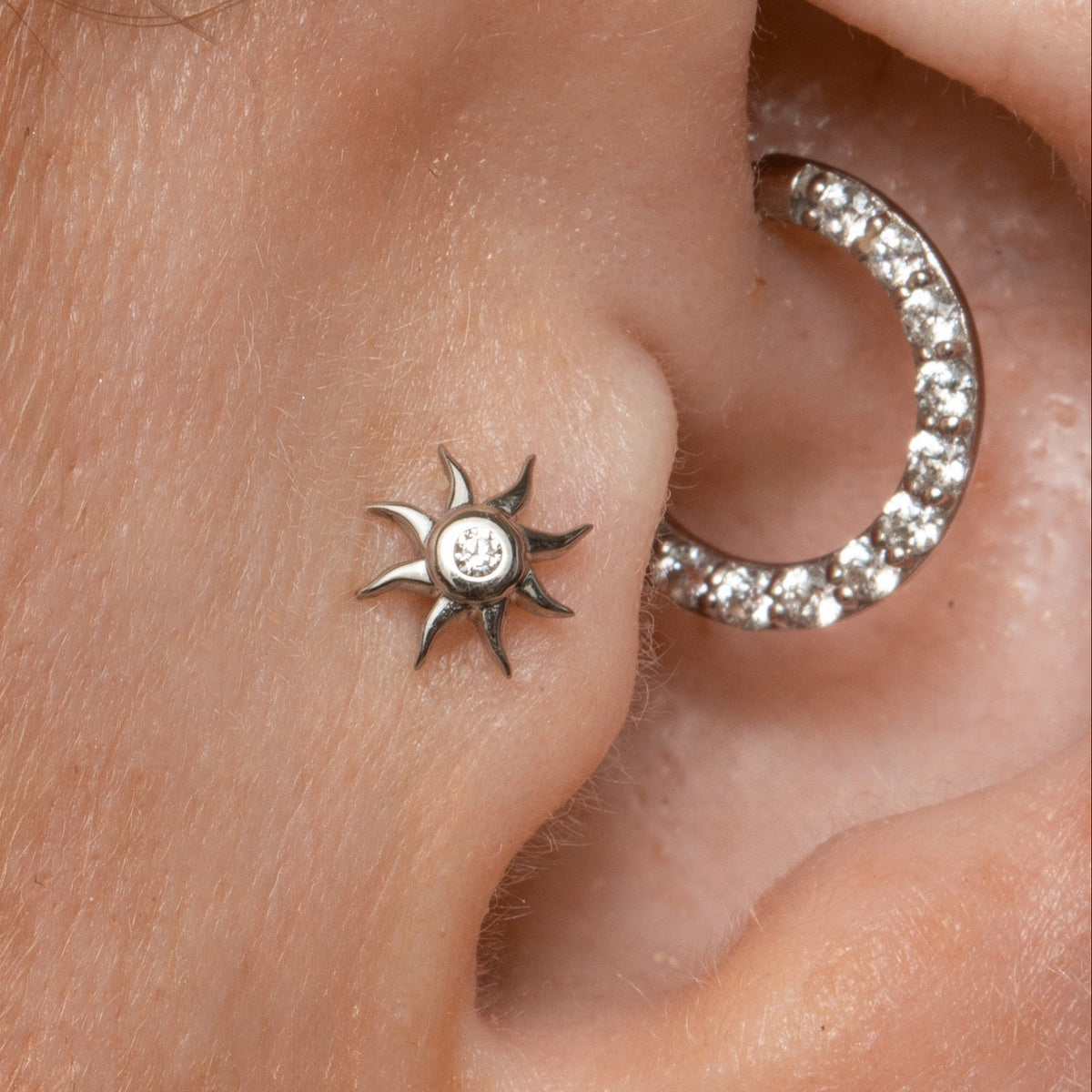 14k solid white gold Wavy Sun flat back labret stud earring 8mm Cartilage Studs Laura Bond Jewellery
