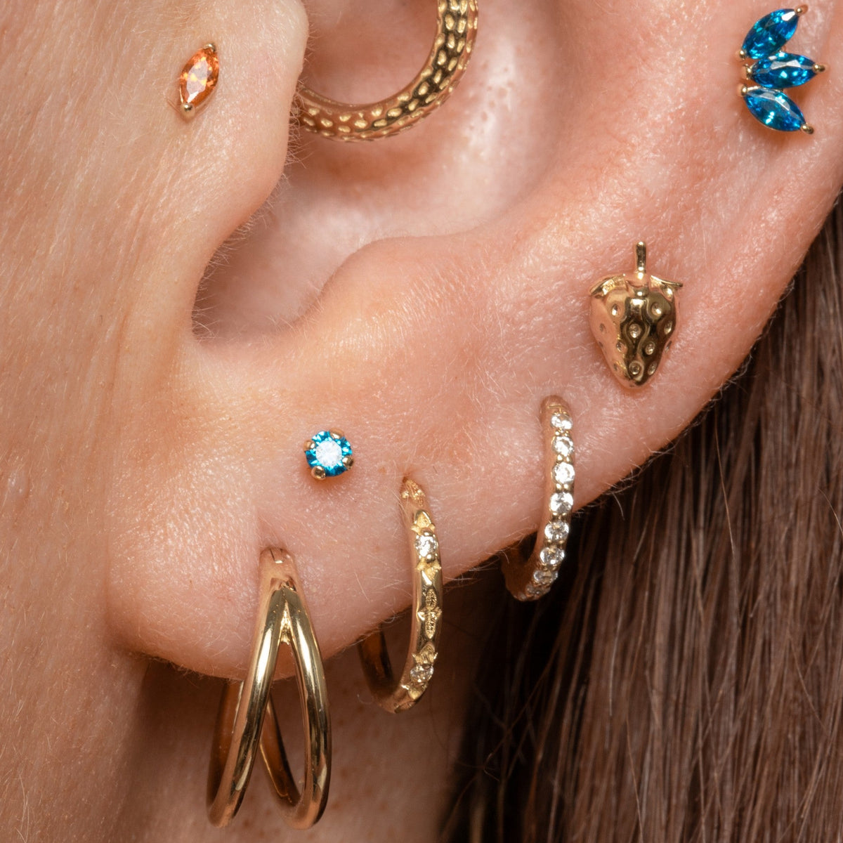 9k solid yellow gold 2mm blue tiny crystal gem flat back labret stud earring 6mm Cartilage Studs Laura Bond Jewellery