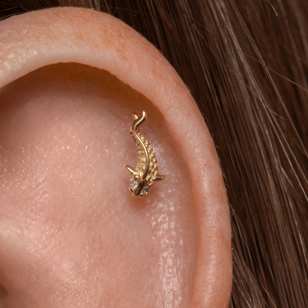 14k solid yellow gold Koi Fish flat back labret stud earring 8mm Cartilage Studs Laura Bond Jewellery
