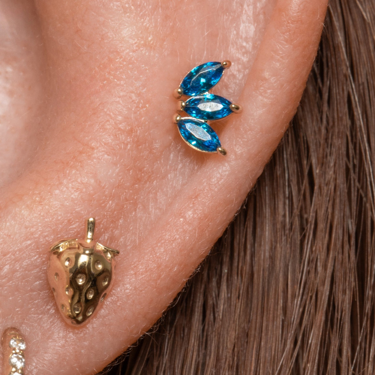 14k solid yellow gold blue Lotus flat back labret stud earring 8mm Cartilage Studs Laura Bond Jewellery