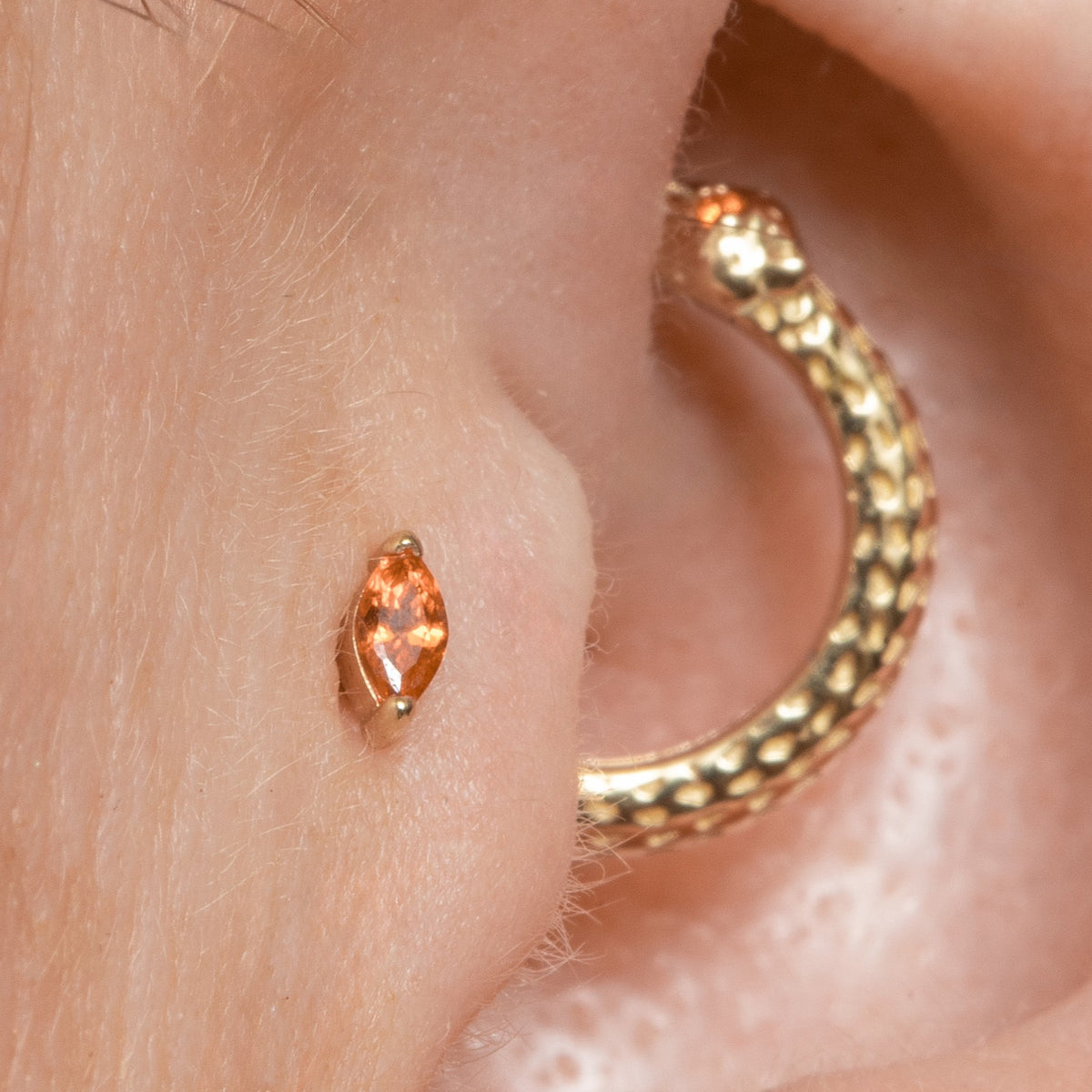 9k solid yellow gold fire orange tiny marquise flat back labret stud earring 6mm Cartilage Studs Laura Bond Jewellery