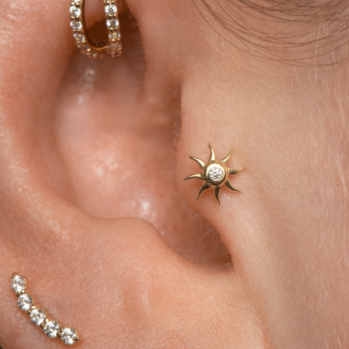 14k solid yellow gold Wavy Sun flat back labret stud earring 8mm Cartilage Studs Laura Bond Jewellery