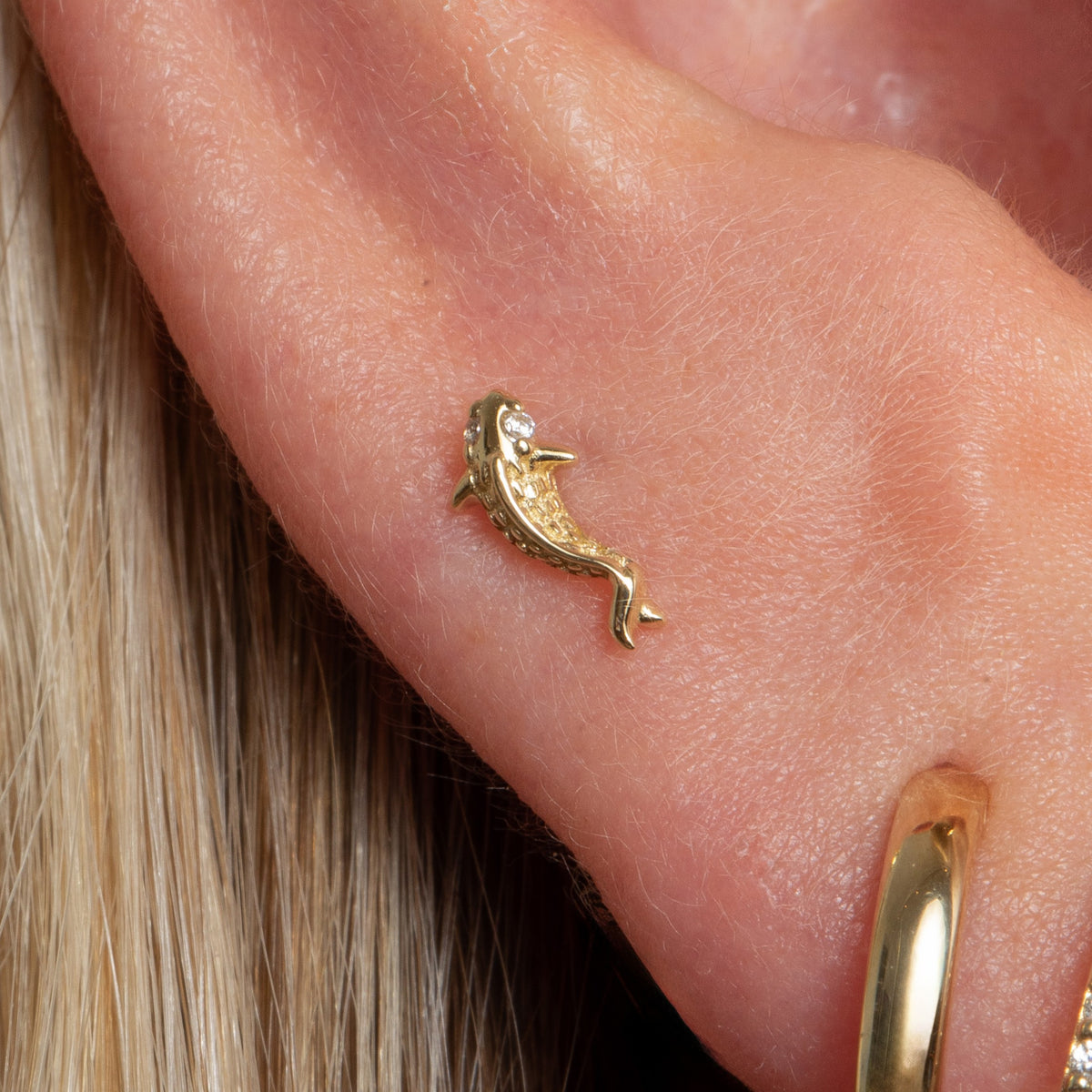 14k solid yellow gold Koi Fish flat back labret stud earring 8mm Cartilage Studs Laura Bond Jewellery
