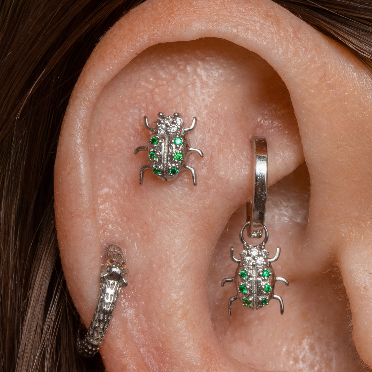 9k solid white gold Jewelled Beetle flat back labret stud earring 6mm Cartilage Studs Laura Bond Jewellery