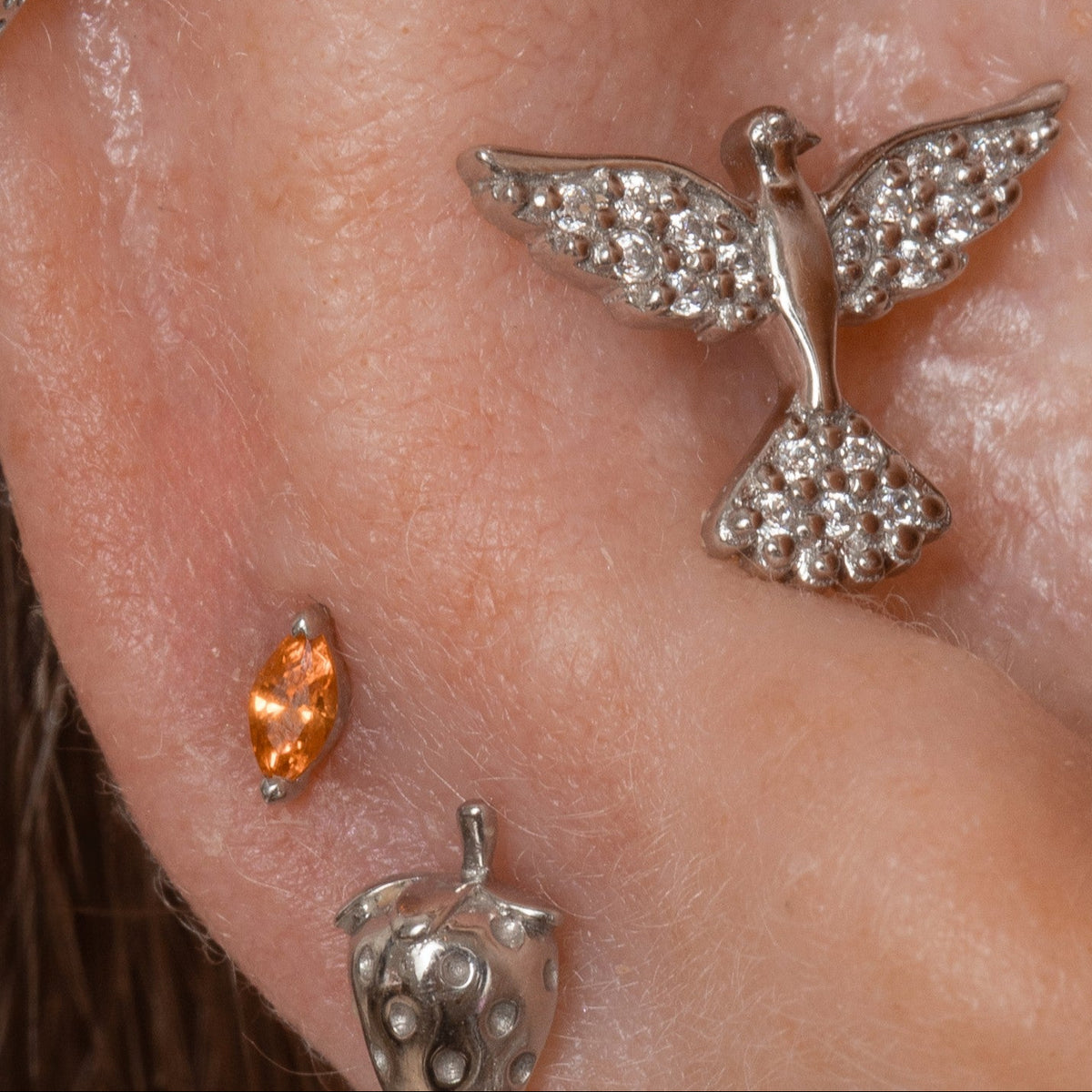 9k solid white gold fire orange tiny marquise flat back labret stud earring 6mm Cartilage Studs Laura Bond Jewellery