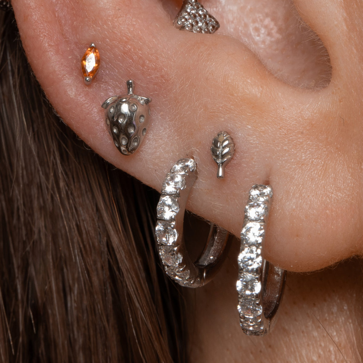 14k solid white gold tiny Leaf flat back labret stud earring 8mm Cartilage Studs Laura Bond Jewellery