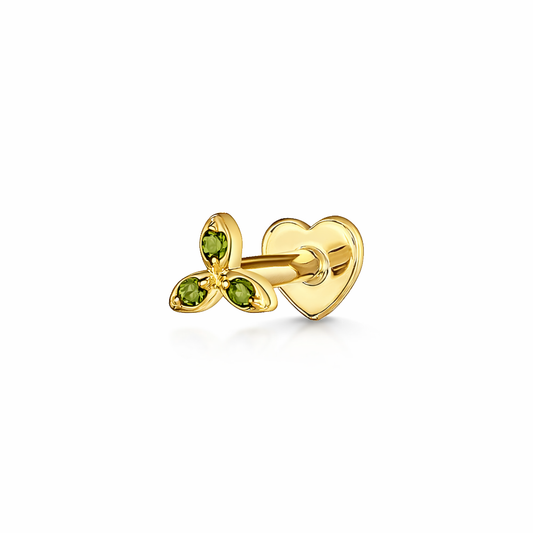 Laura Bond Jewellery Bold and Gold Edinburgh 14k solid yellow gold olive green Spira flat back labret stud earring 8mm Cartilage Studs