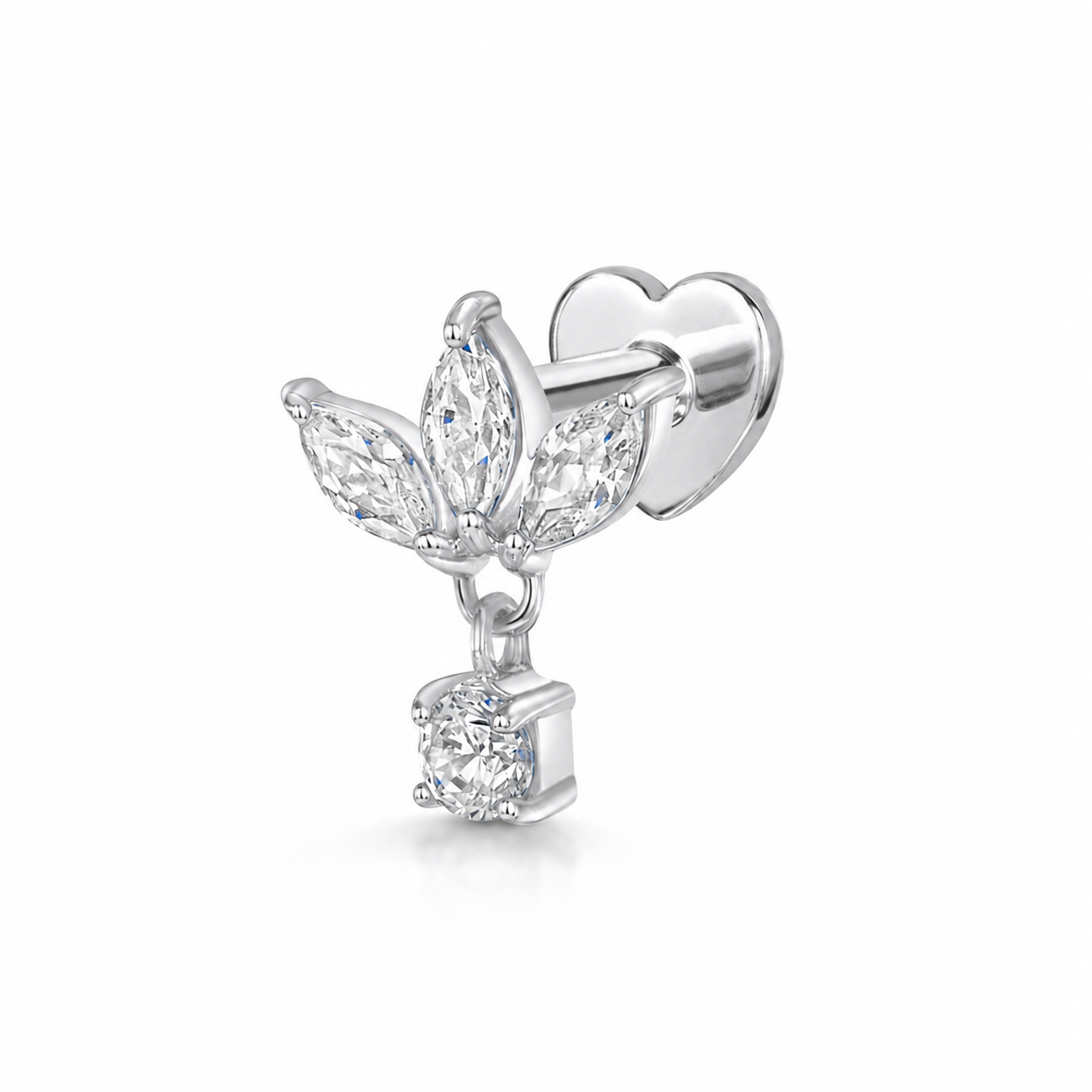 Laura Bond Jewellery 9k solid white gold Lotus drop flat back labret stud earring 6mm Cartilage Studs
