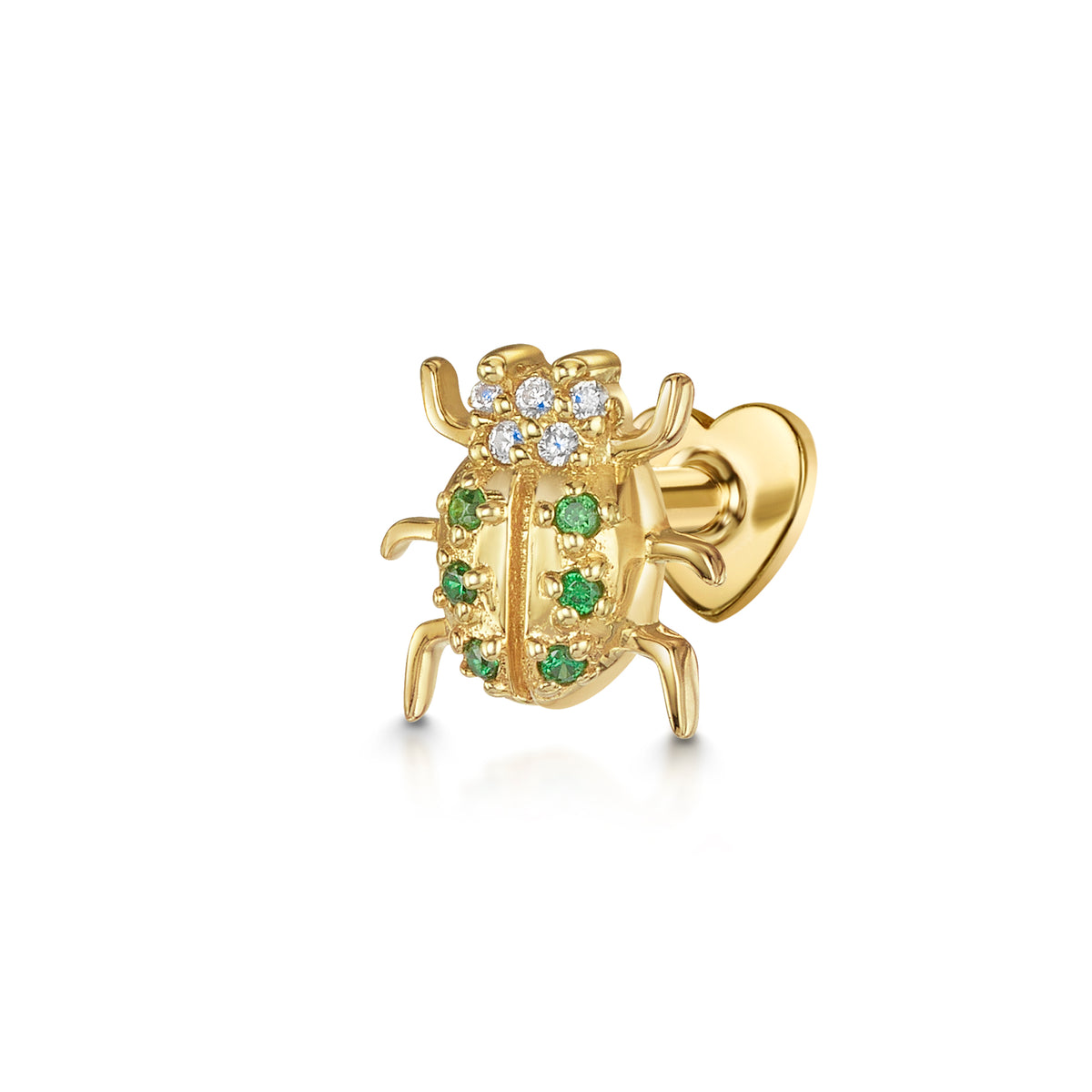 9k solid yellow gold Jewelled Beetle flat back labret stud earring 6mm Cartilage Studs Laura Bond Jewellery