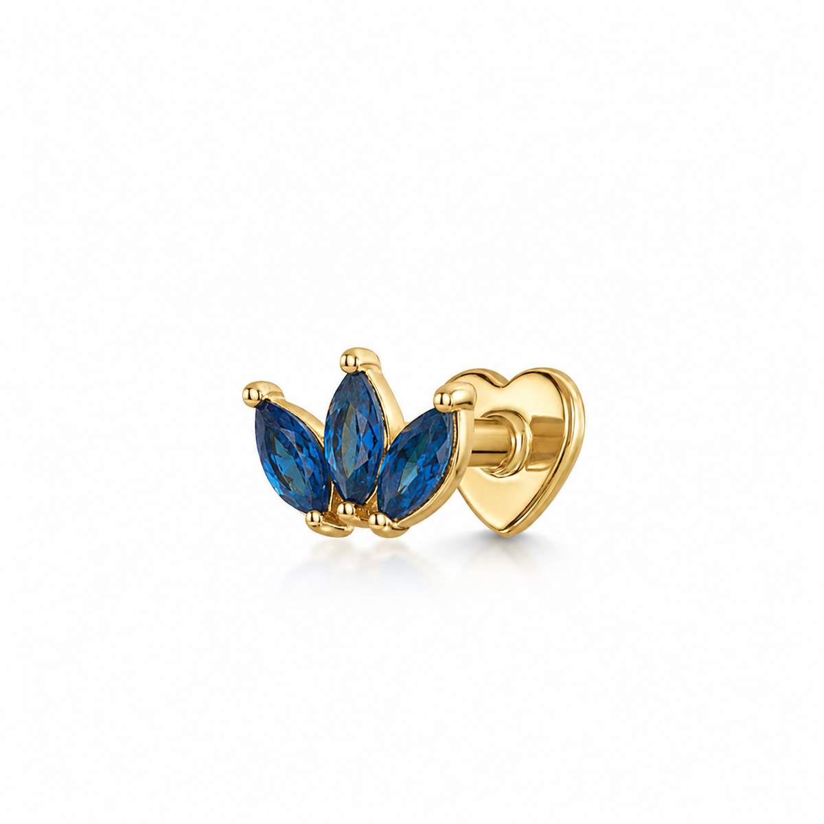 14k solid yellow gold blue Lotus flat back labret stud earring 8mm Cartilage Studs Laura Bond Jewellery