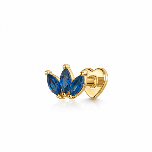 9k solid yellow gold blue Lotus flat back labret stud earring 6mm Cartilage Studs Laura Bond Jewellery