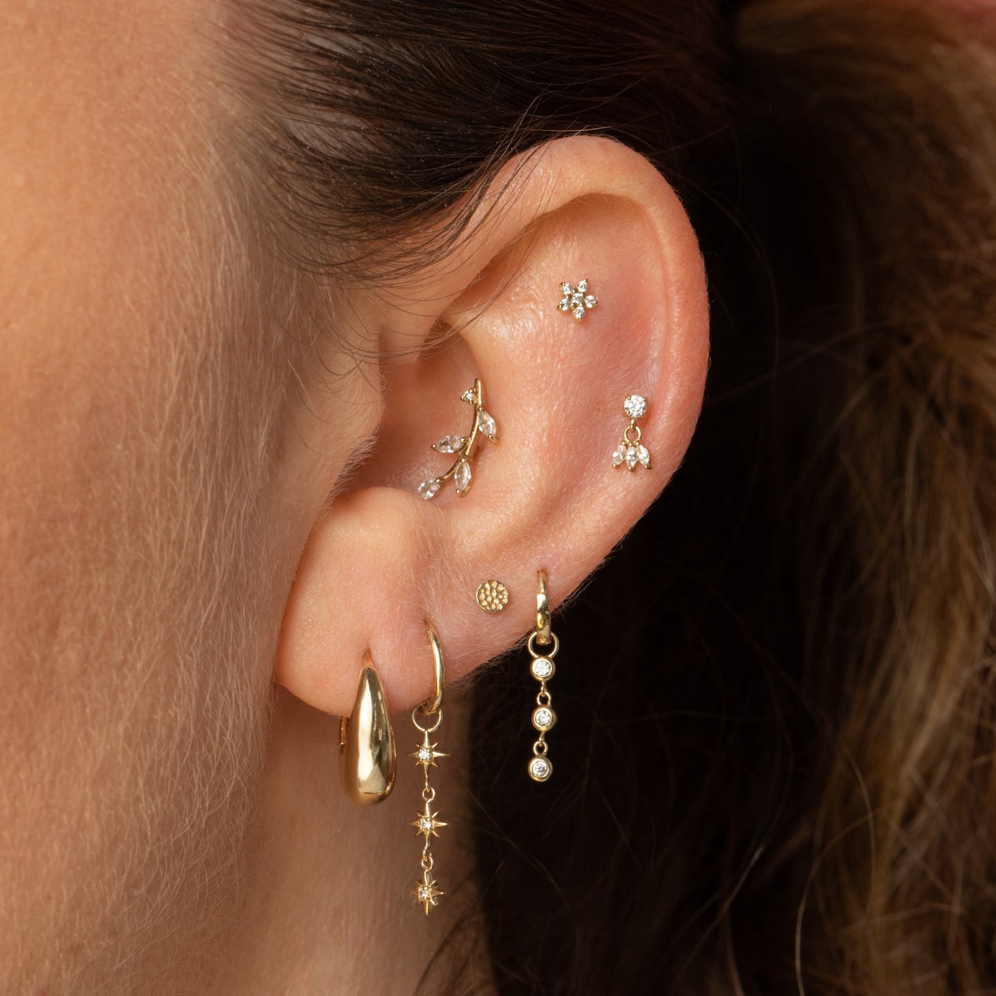 Laura Bond Jewellery 9k solid yellow gold 6mm 16g clicker hoop earring with North Star charm Huggies and Hoops