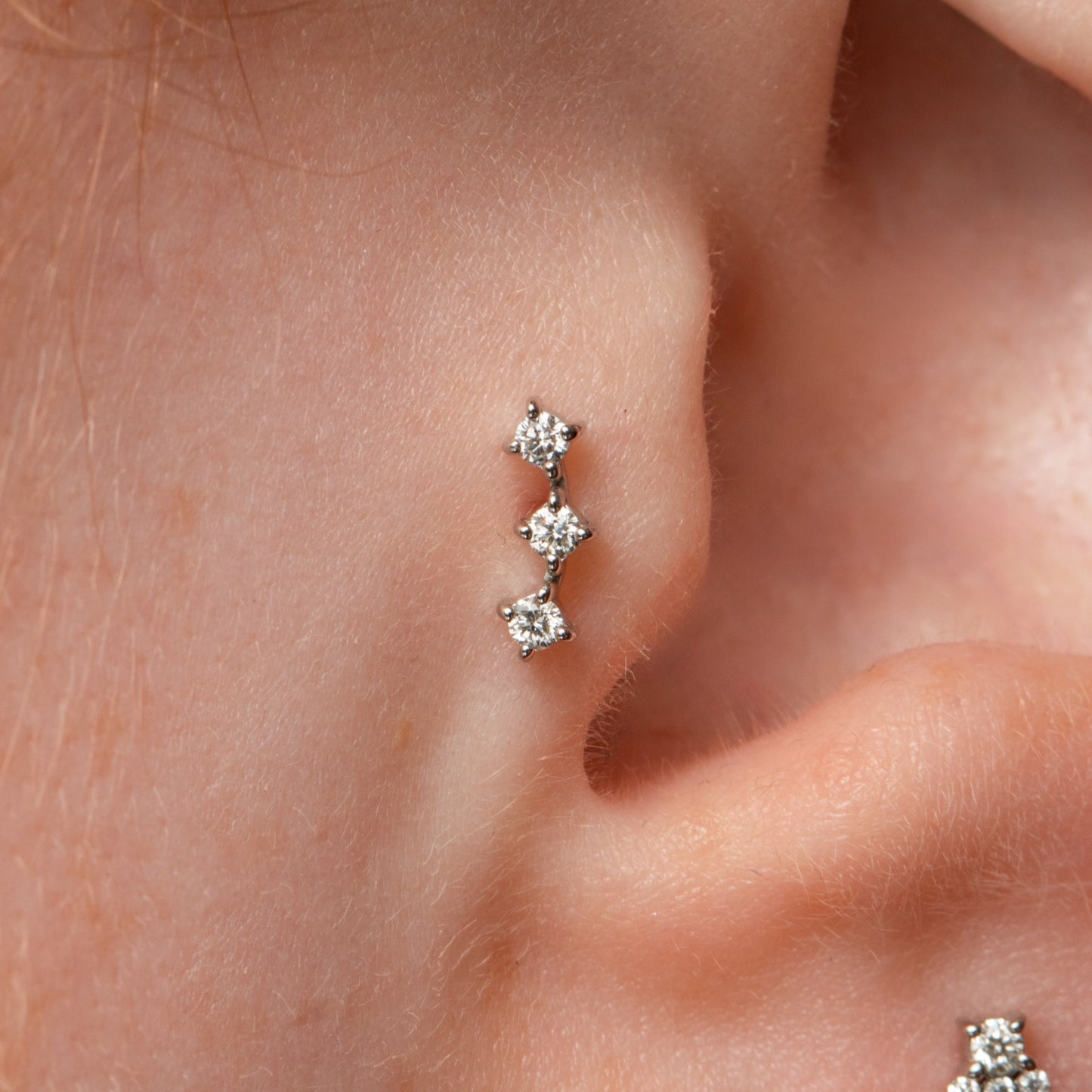 Laura Bond Jewellery 14k solid white gold diamond trinity flat back labret stud earring Cartilage Studs