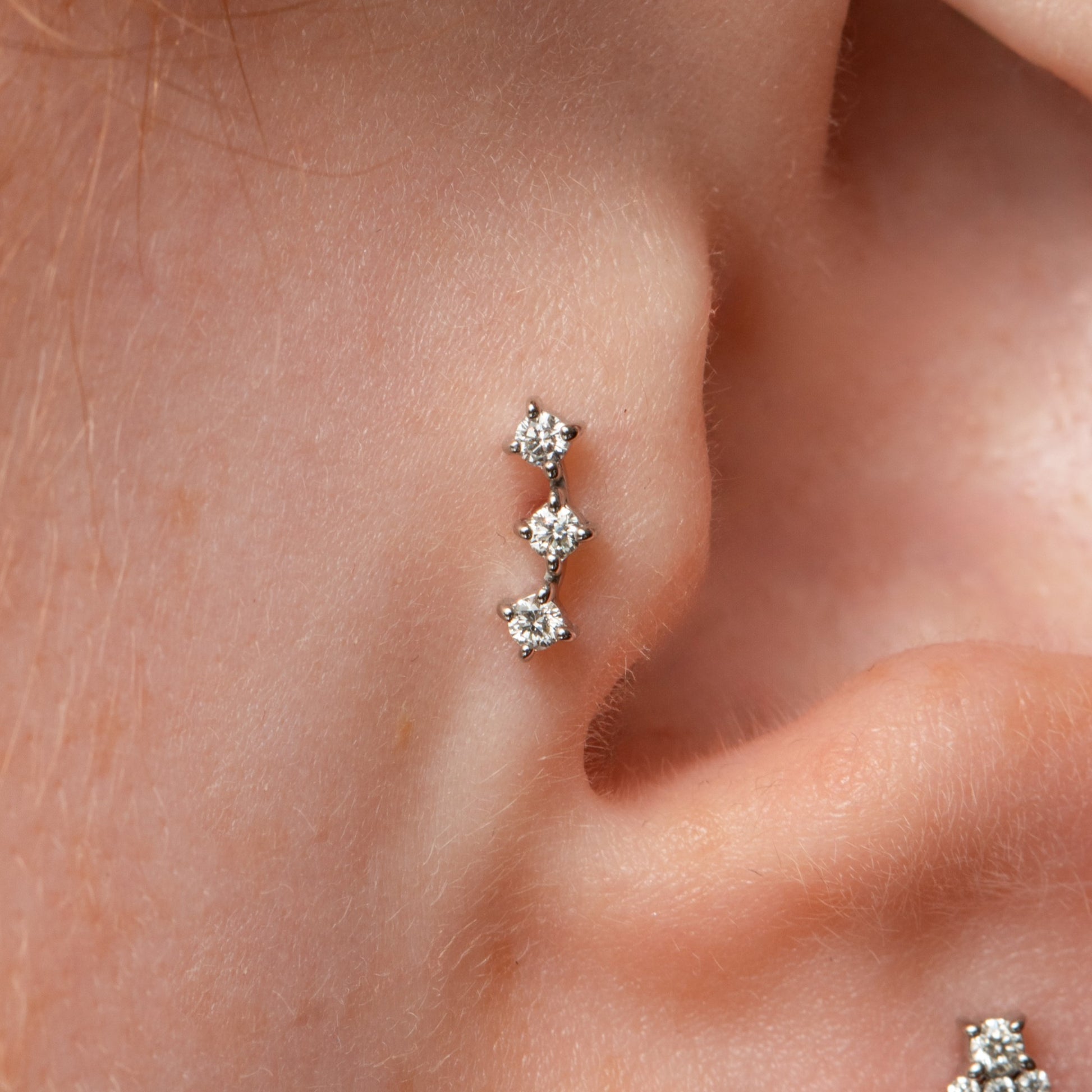 Laura Bond Jewellery 14k solid white gold diamond trinity flat back labret stud earring Cartilage Studs