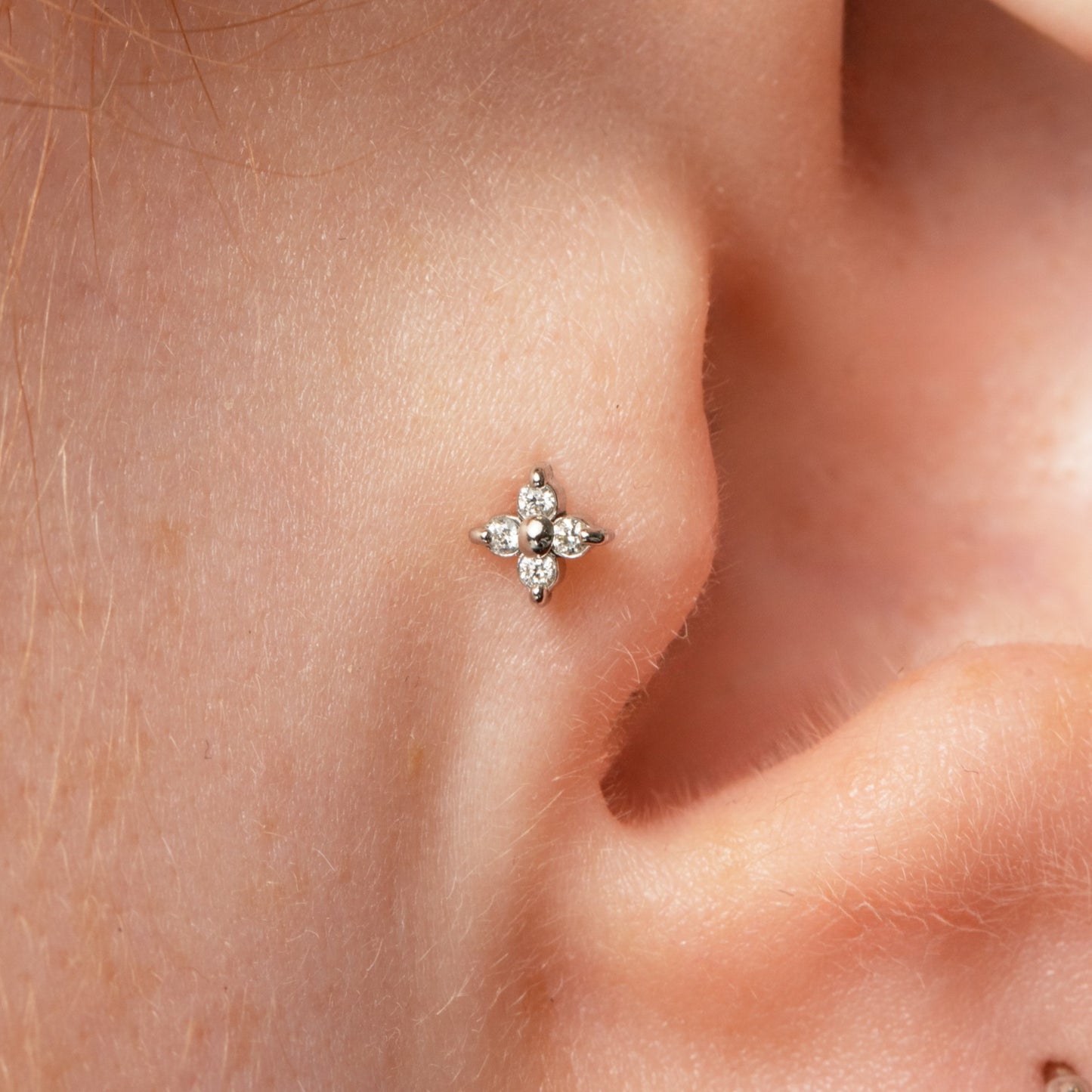 Laura Bond Jewellery 14k solid white gold Lady Luck flat back labret stud earring Cartilage Studs