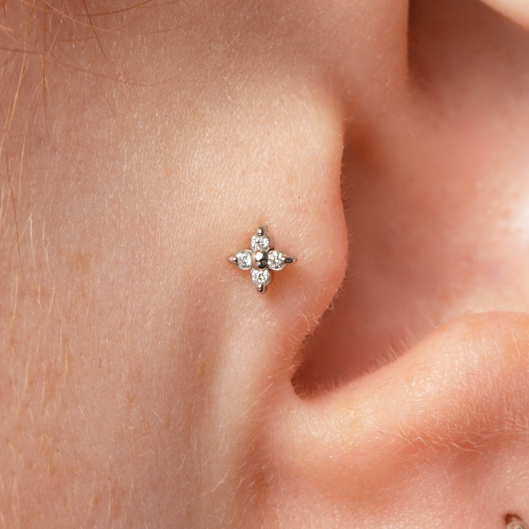 Laura Bond Jewellery 14k solid white gold Lady Luck flat back labret stud earring Cartilage Studs