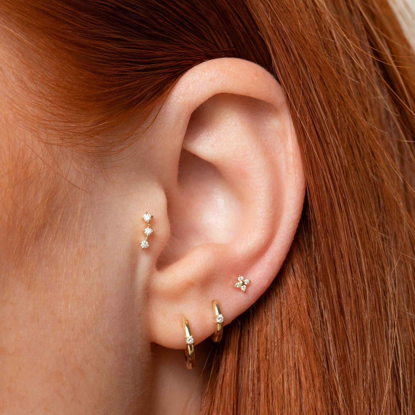 Laura Bond Jewellery 14k solid yellow gold diamond trinity flat back labret stud earring Cartilage Studs