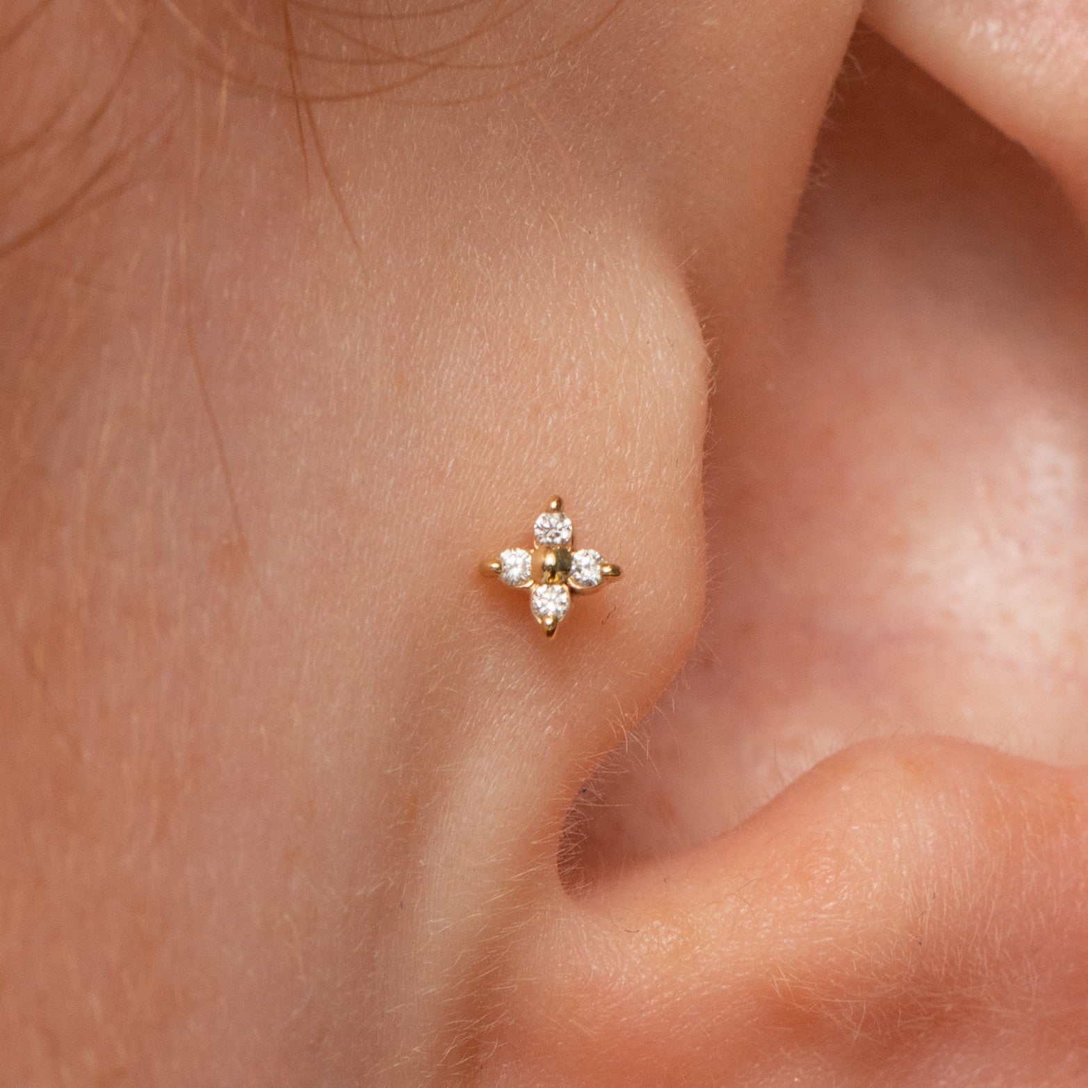 Laura Bond Jewellery 14k solid yellow gold Lady Luck flat back diamond labret stud earring Cartilage Studs