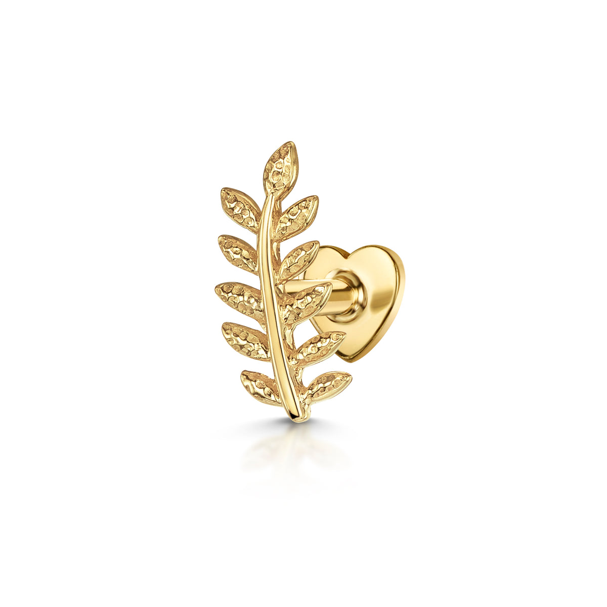 14k solid yellow gold Fern leaf flat back labret stud earring 8mm Cartilage Studs Laura Bond Jewellery