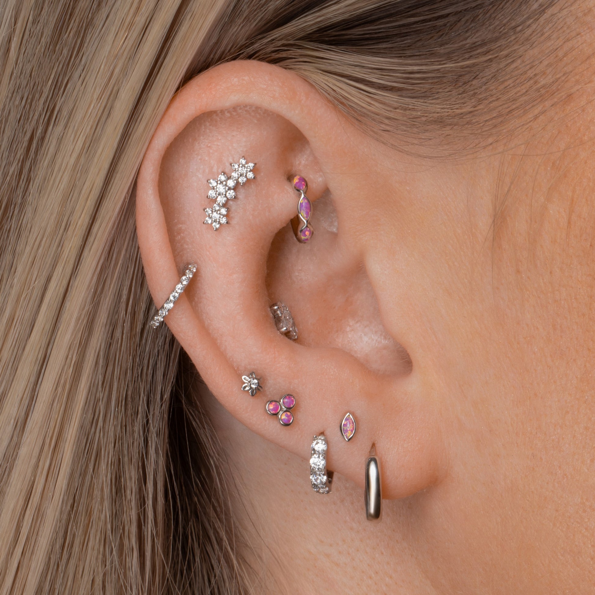 Laura Bond Jewellery Bold and Gold Edinburgh 9k solid white gold Forget Me Not tiny flower flat back labret stud earring 6mm Cartilage Studs