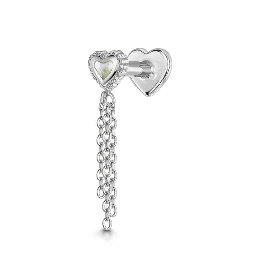 Laura Bond Jewellery Bold and Gold Edinburgh 14k solid white gold Mother of Pearl chain flat back labret stud earring Cartilage Studs