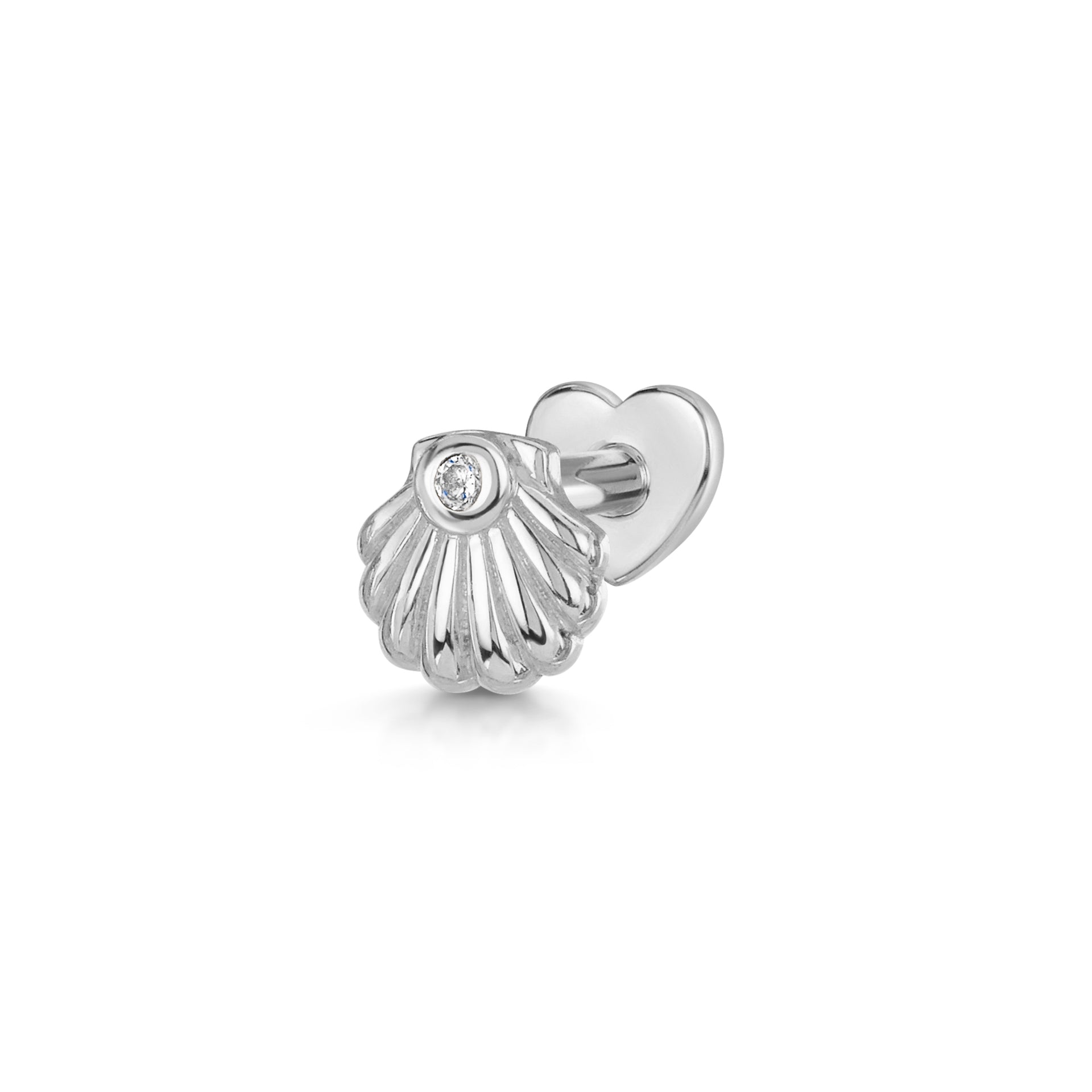 14k solid white gold Clam Shell flat back labret stud earring