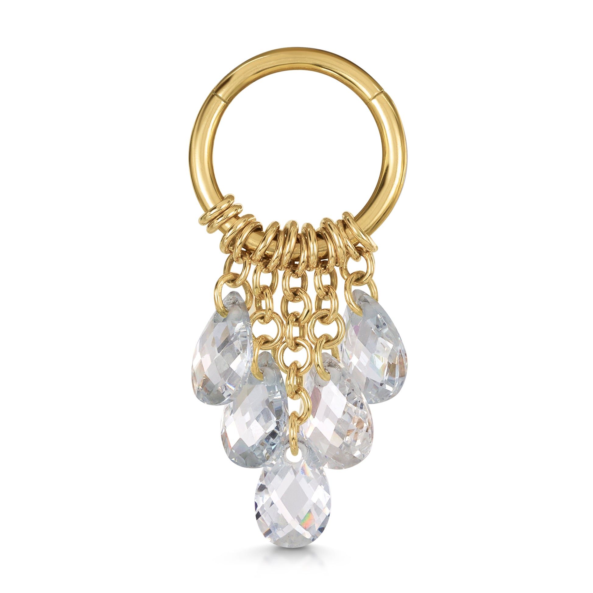 Laura Bond Jewellery 9k solid yellow gold Pure Shores 5 crystal charm clicker hoop earring 8mm Huggies and Hoops
