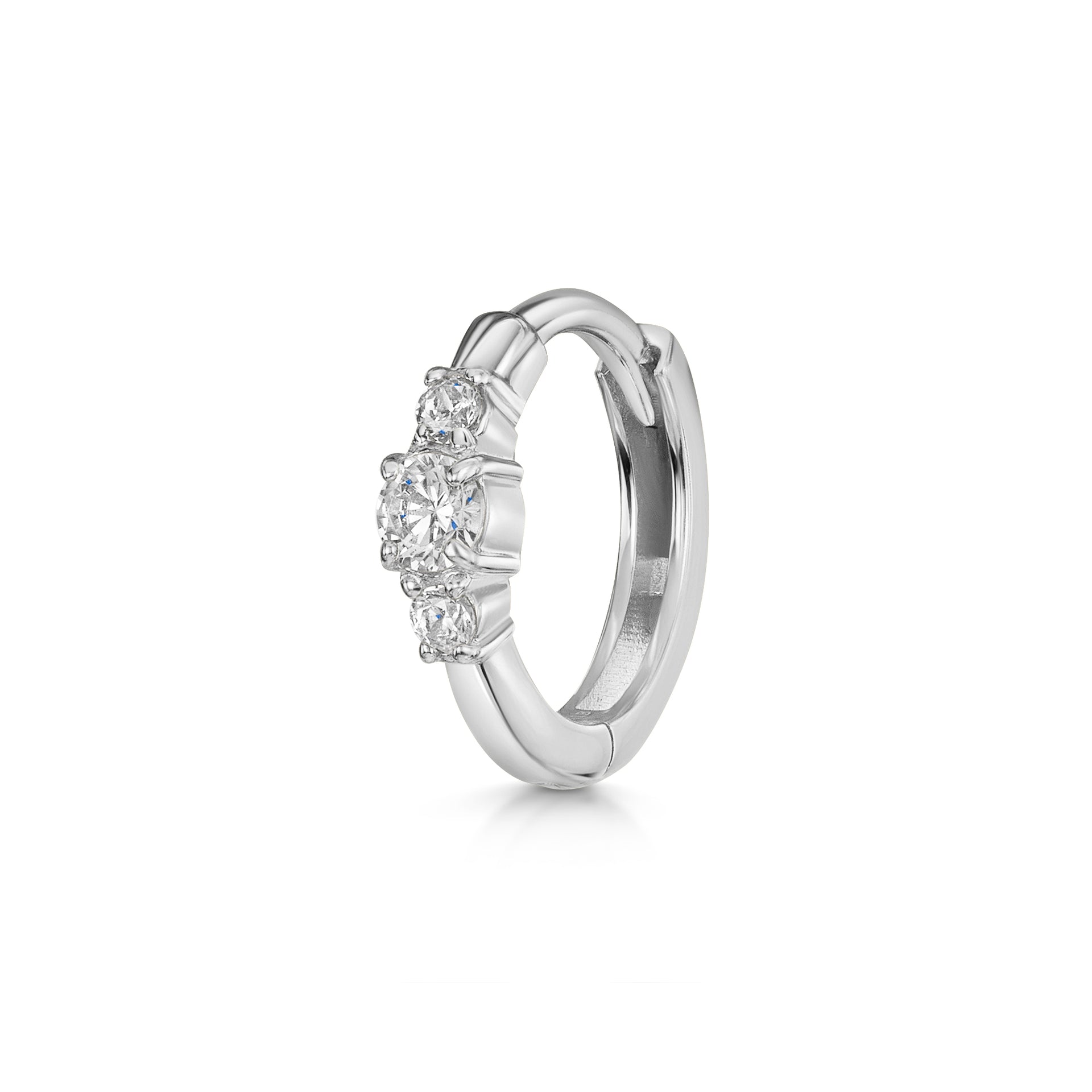 9k solid white gold dainty three stone 8mm huggie hoop earring