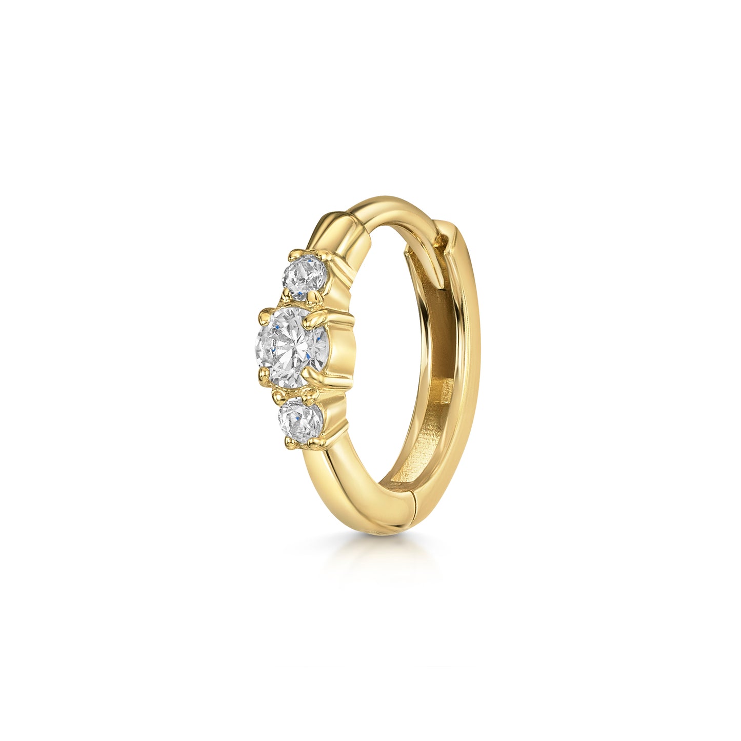 Laura Bond Jewellery Bold and Gold Edinburgh 9k solid yellow gold dainty three stone 8mm huggie hoop earring Huggies and Hoops
