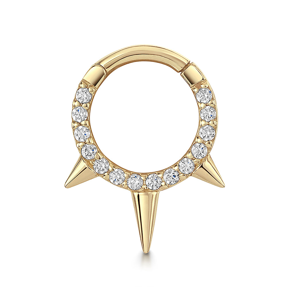 9k solid yellow gold crystal triple spike clicker hoop earring daith or septum 8mm