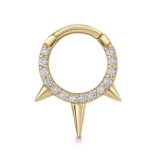 Laura Bond Jewellery 9k solid yellow gold crystal triple spike clicker hoop earring for daith or septum 8mm Huggies and Hoops