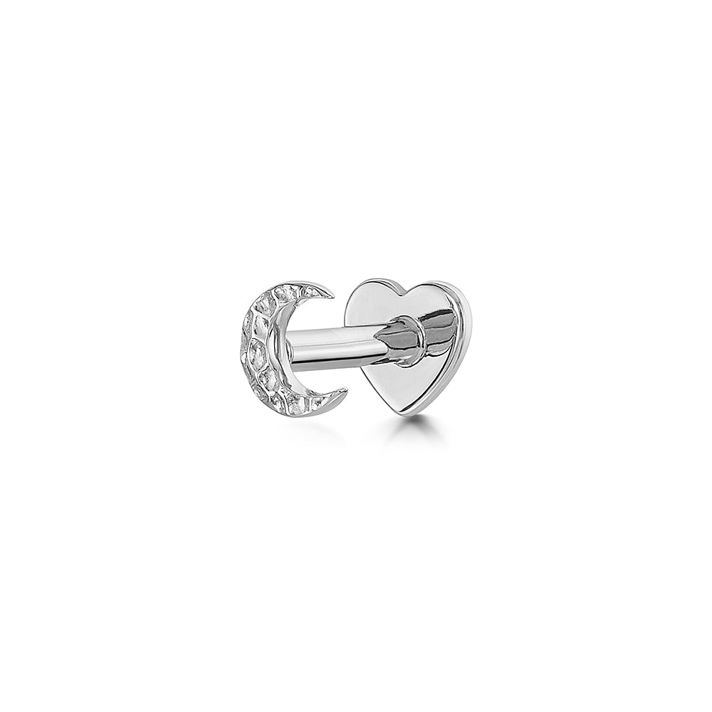 Laura Bond Jewellery 9k solid white gold hammered moon flat back labret stud earring Cartilage Studs