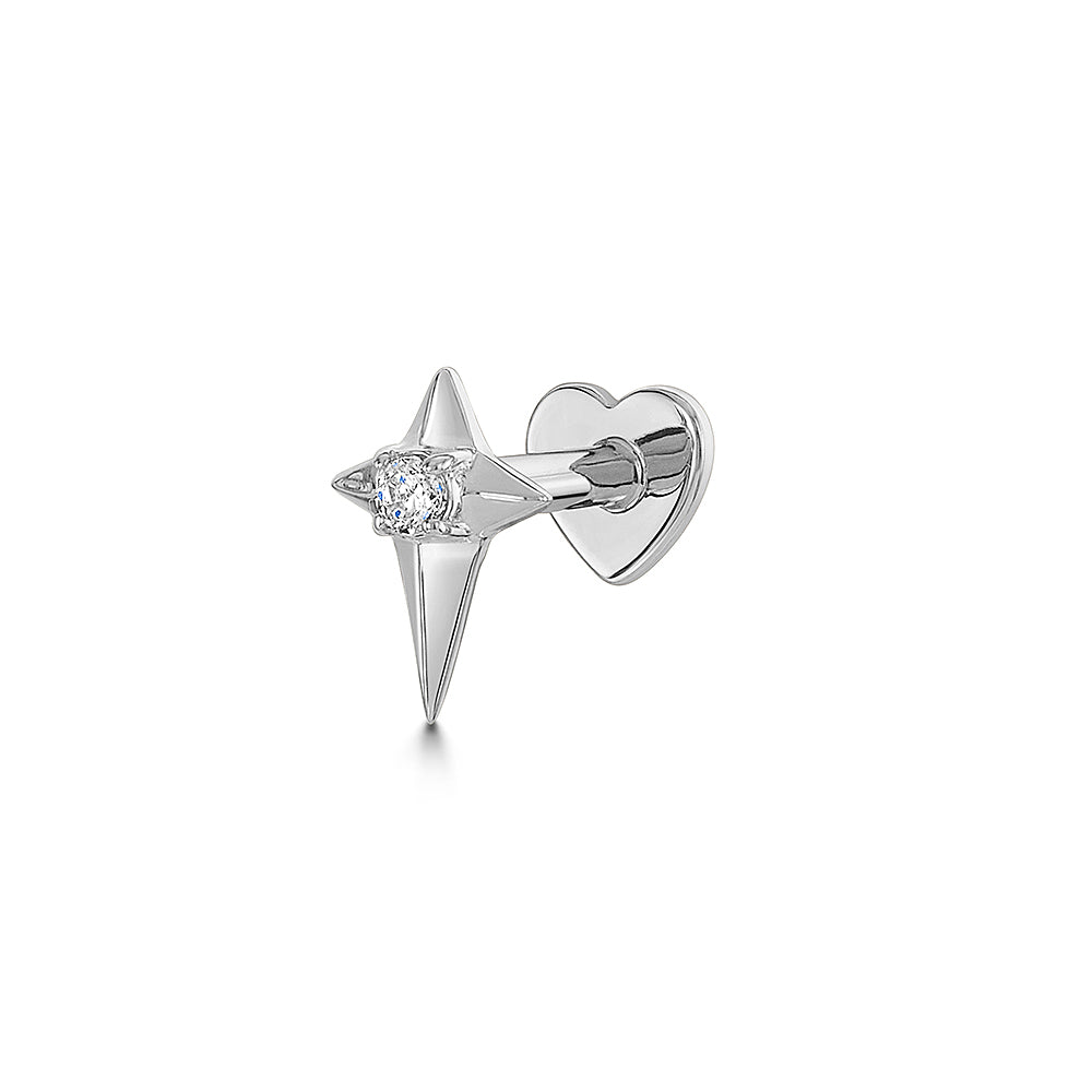 14k solid white gold Eclipta star flat back labret stud earring