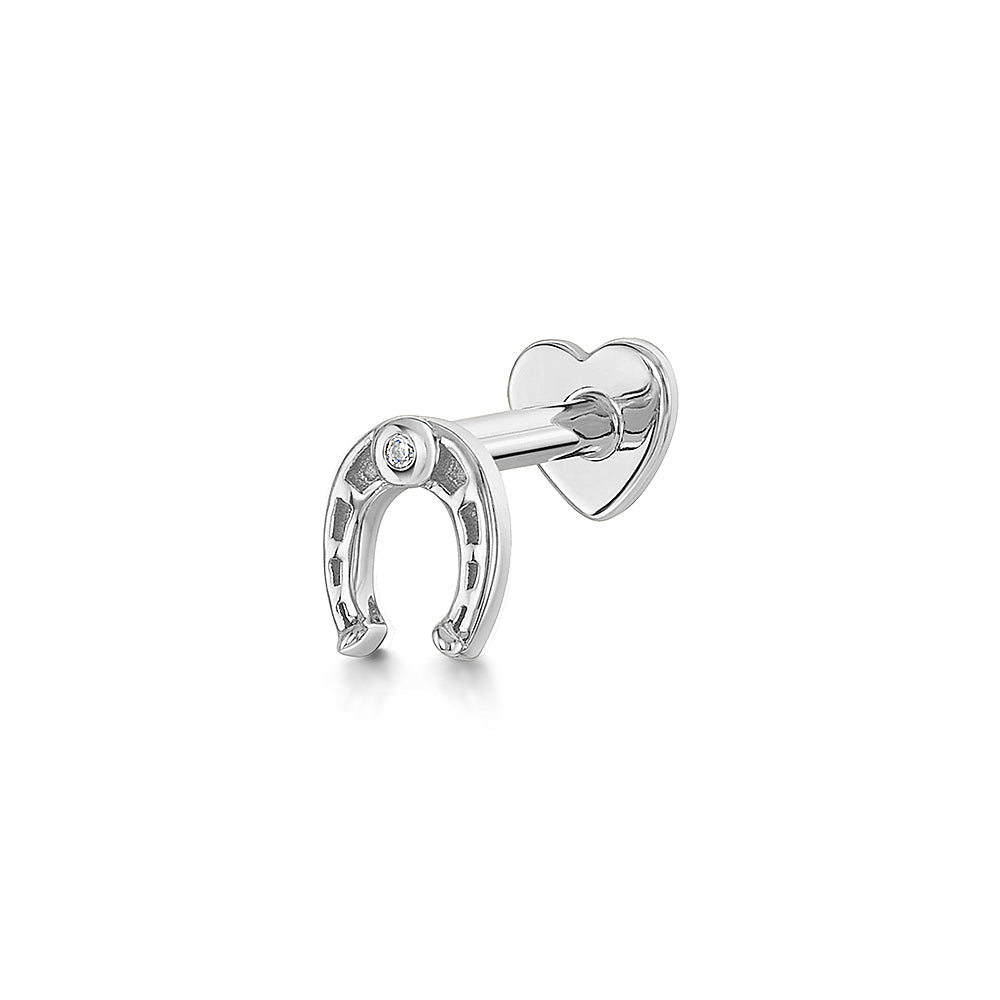 14k solid white gold Lucky horseshoe flat back labret stud earring