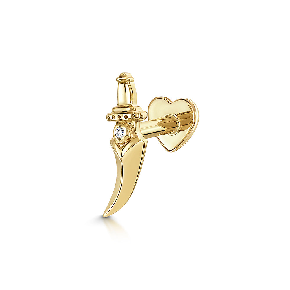 14k solid yellow gold Zira curved dagger flat back labret stud earring
