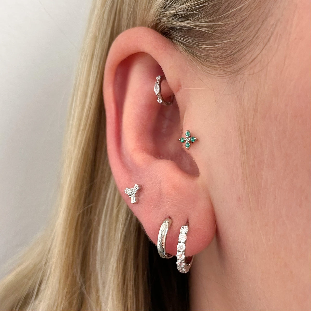9k solid white gold Clover flat back labret stud earring 6mm Cartilage Studs Laura Bond Jewellery